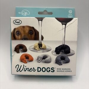 Genuine FRED Set of 6 WINER DOGS Silicone WEINER DOG Wine Glass MARKERS/Charms